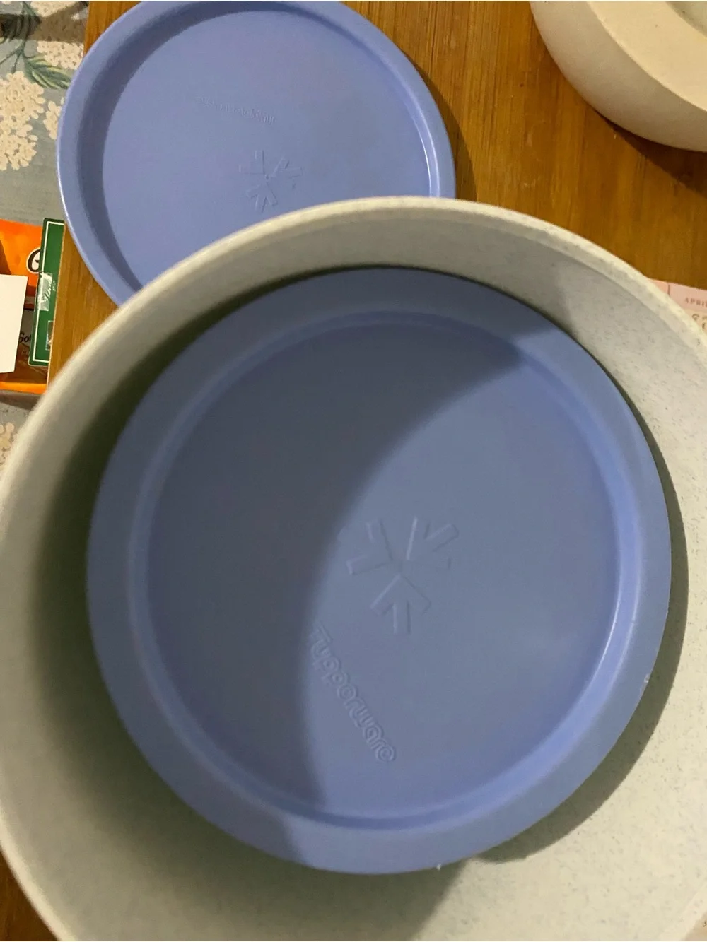 Vintage Nesting Tupperware Blue-Rim White Ceramic Canisters